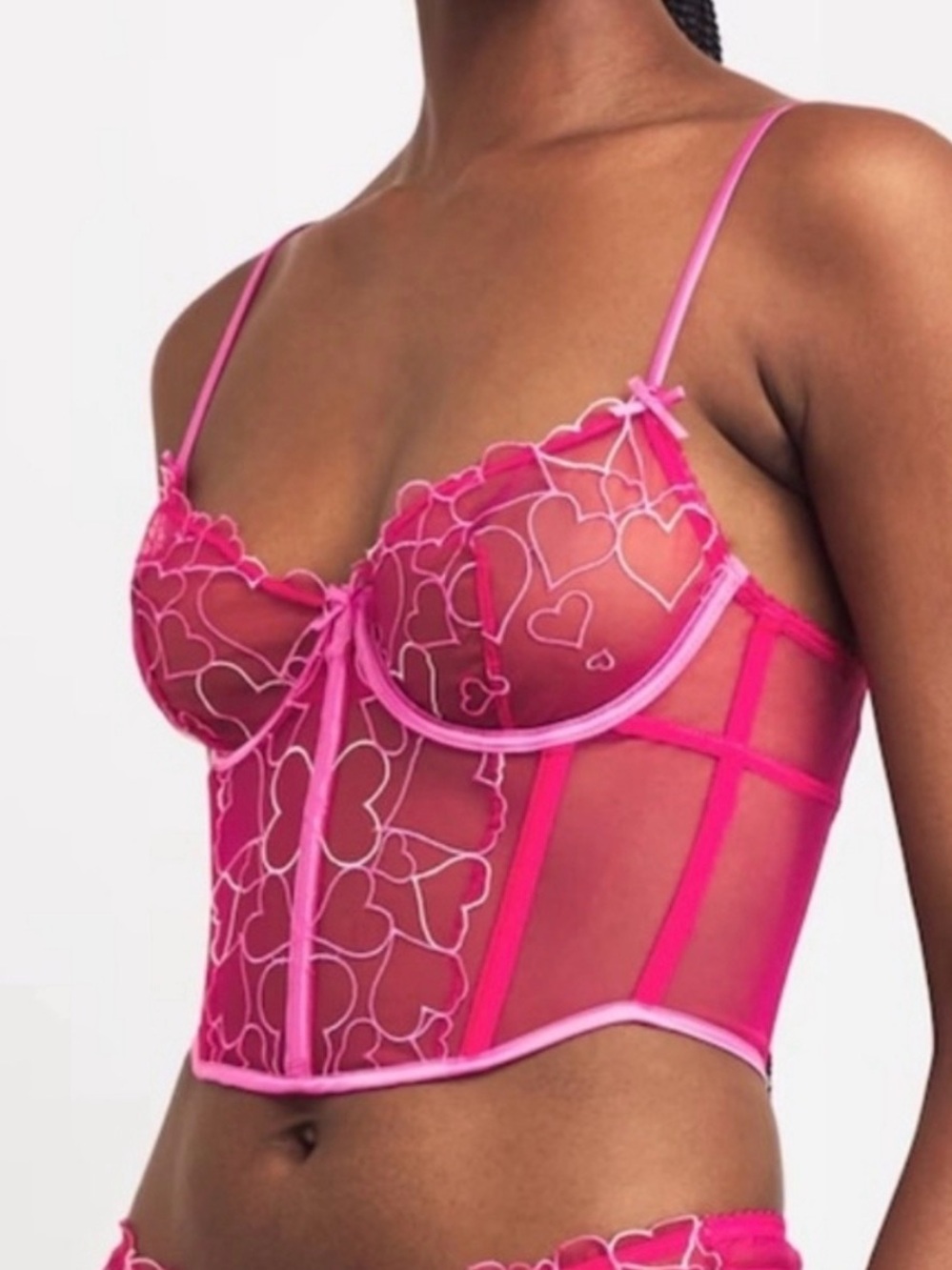 SKIMS Embroidered Tulle Cropped Corset Punch Pink Hearts NWT Medium